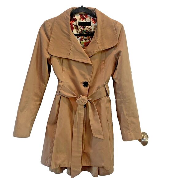 Steve Madden Trench Coat Women Petite Small Beige Pleated Belt Waist Rain Jacket - Picture 1 of 11